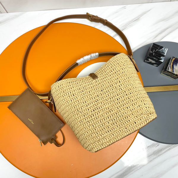 YSL LE 37 20CM BEIGE RAFFIA BUCKET BAG