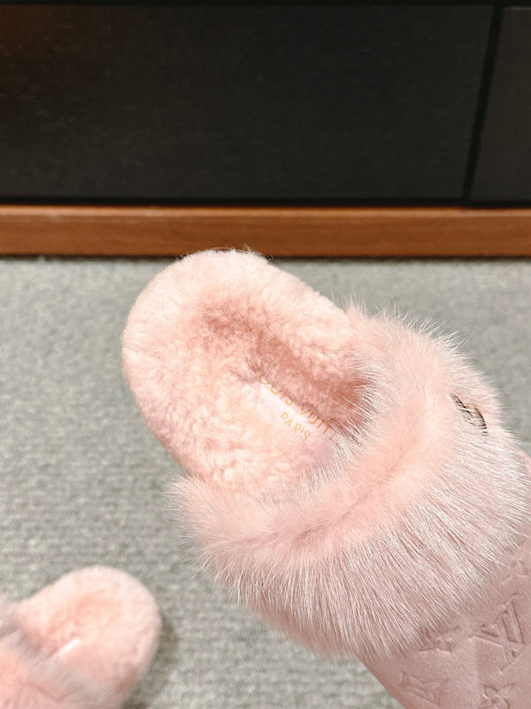 LV Flat Mule Pink With Fur Monogram Suede