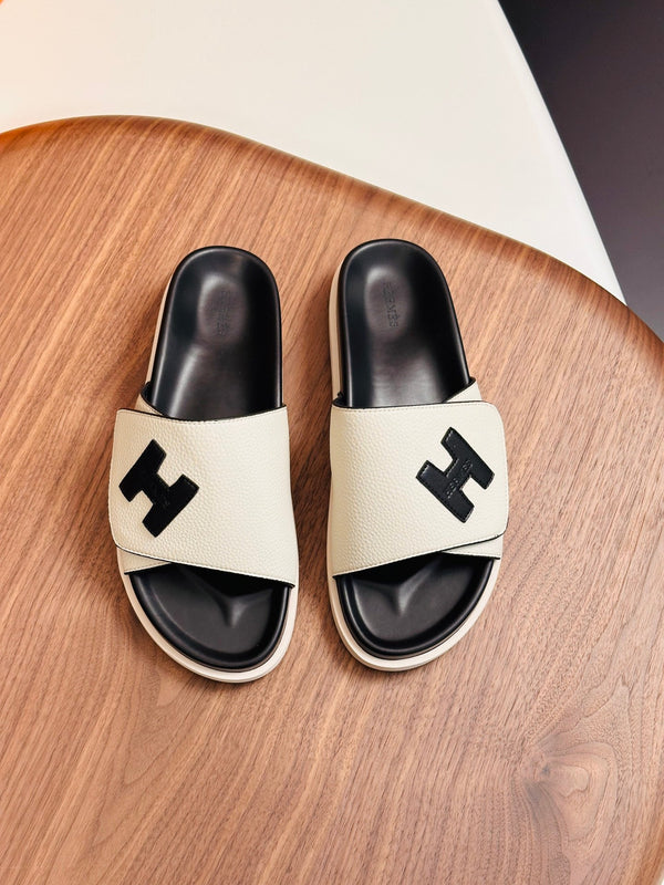 HM Men's Slide White Black Cowhide 684845