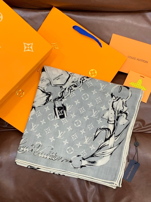 LV X TM Scarf 135CM Gray White Cashmere 293203