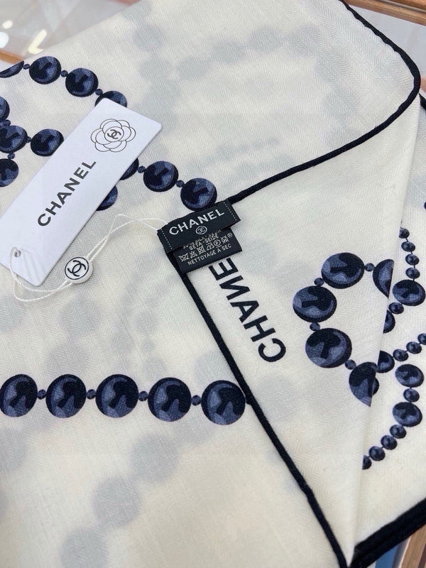 CC 2026 Pearl Scarf 140cm Black White Silk And Cashmere 214951
