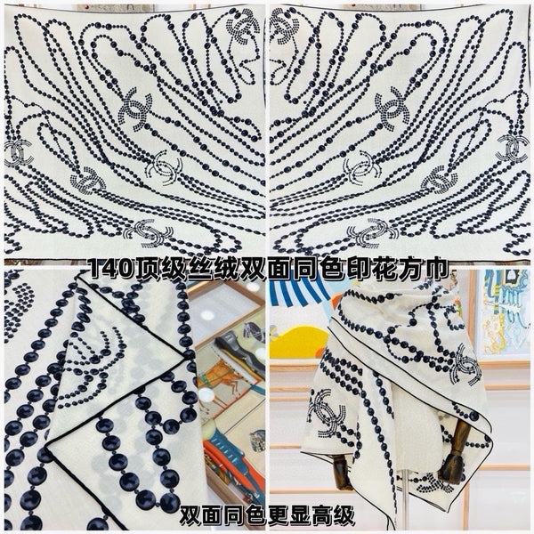 CC 2026 Pearl Scarf 140cm Black White Silk And Cashmere 214951