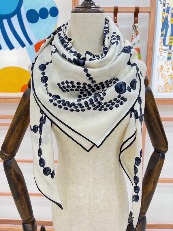 CC 2026 Pearl Scarf 140cm Black White Silk And Cashmere 214951