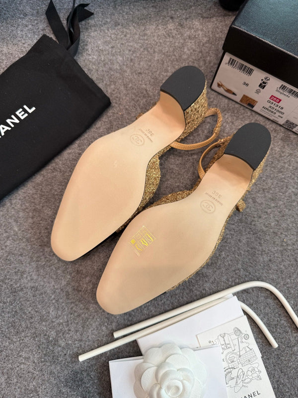 CC 26S Slingback Pumps 6.5cm Gold Black Tweed 118952
