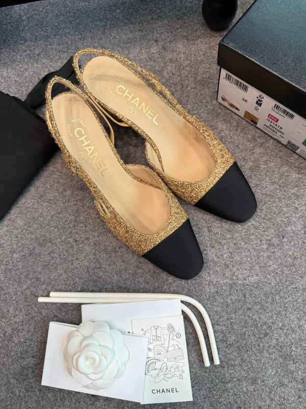 CC 26S Slingback Pumps 6.5cm Gold Black Tweed 118952