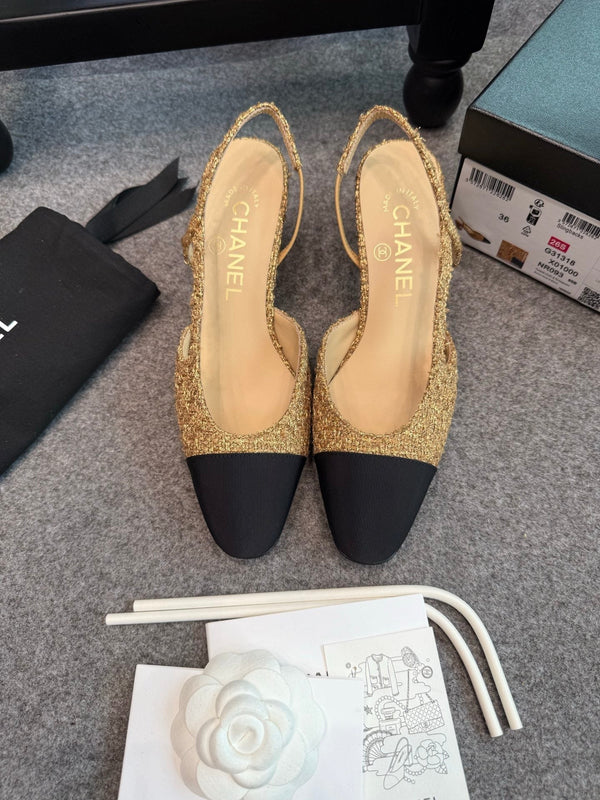 CC 26S Slingback Pumps 6.5cm Gold Black Tweed 118952