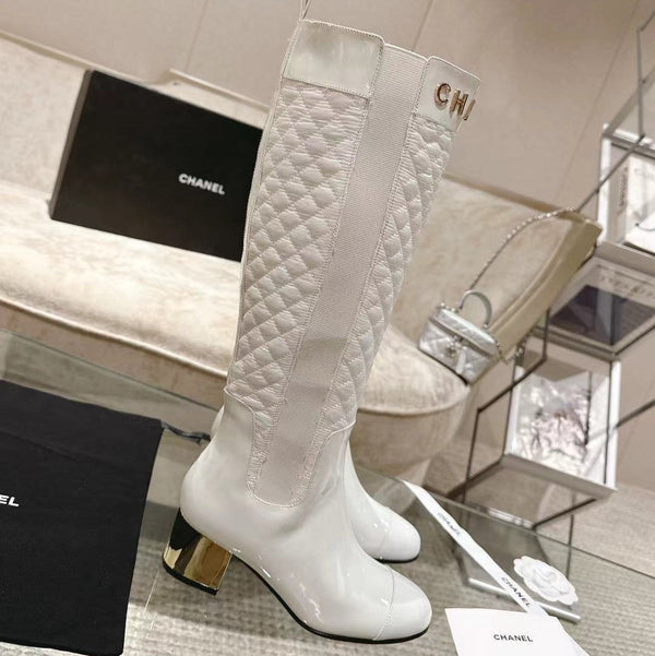 CC 26S Quilted Jumping Boots 5.5cm White Patent Leather Nylon 117684