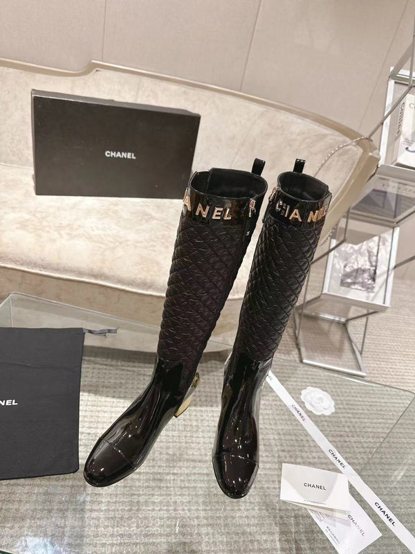CC 26S Quilted Jumping Boots 5.5cm Black Patent Leather Nylon 117686
