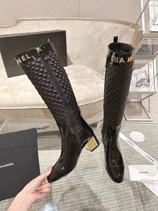 CC 26S Quilted Jumping Boots 5.5cm Black Patent Leather Nylon 117686