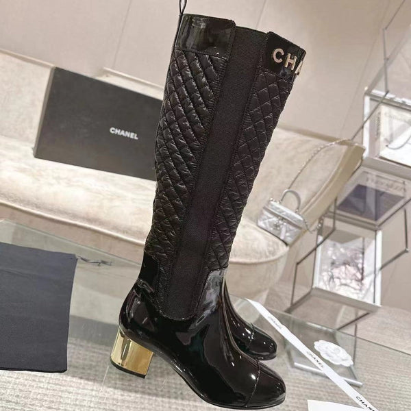 CC 26S Quilted Jumping Boots 5.5cm Black Patent Leather Nylon 117686