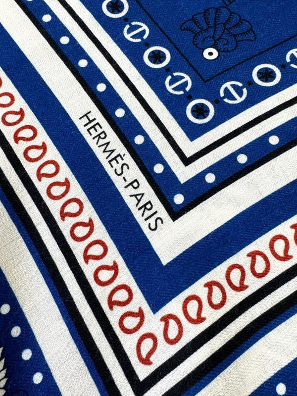 Tatouages Marins Bandana Shawl 135 CM Dark Blue Mix White Red Cashmere And Silk 401090