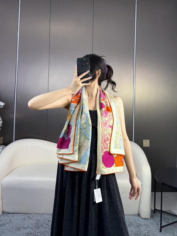 Square Scarf 135CM In Light Blue Colorful Cashmere And Silk
