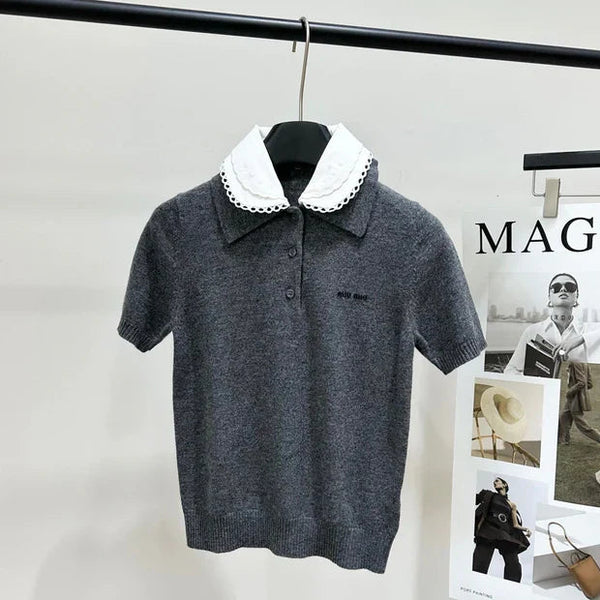Miumiu 2026 Lace Peter Pan Collar Polo Knit Short-Sleeve T-Shirt Grey Cashmere