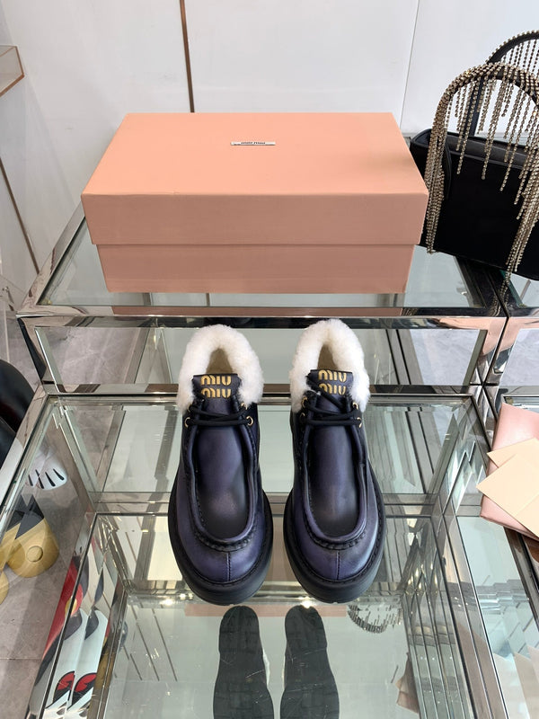 Miu Ankle Boots Charcoal Blue Open-Hemmed Cowhide