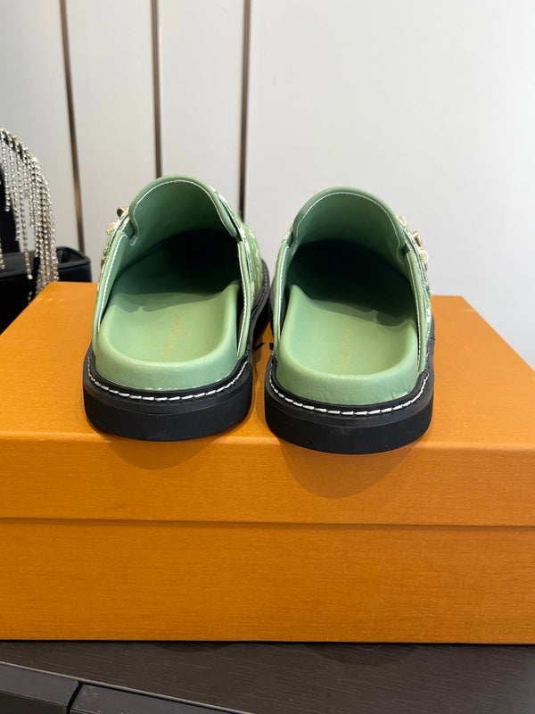 LV Cosy Comfort Mule Sandals Green Gold Denim Monogrammed 533458
