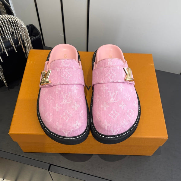LV Cosy Comfort Mule Sandals Pink Gold Denim Monogrammed 533459