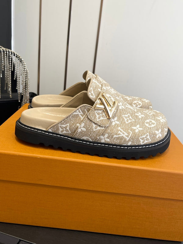 LV Cosy Comfort Mule Sandals Beige Gold Denim Monogrammed 533460