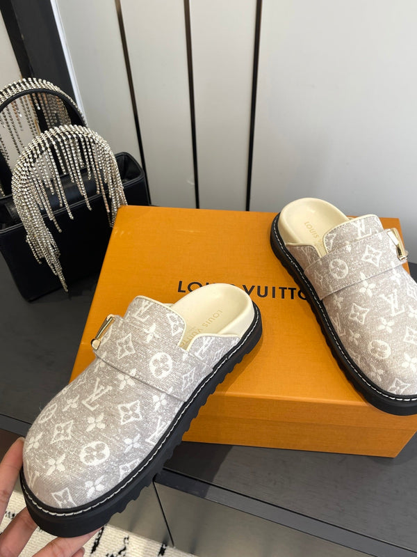LV Cosy Comfort Mule Sandals Lighe Beige Gold Denim Monogrammed 533462