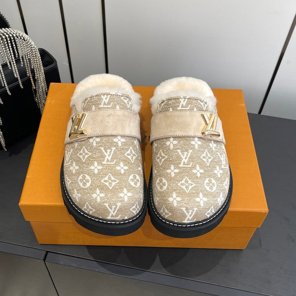 LV Cosy Flat Slippers Comfort Clog Beige Leather  Monogram Fur 533469