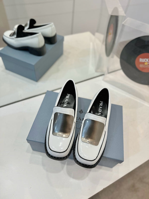 Prad 26s Metal Plate Loafers White Brushed Leather 941512