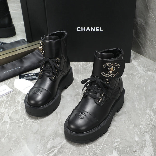 CC Interlocking Logo Combat Boots Full Black Quilted Lambskin 432654