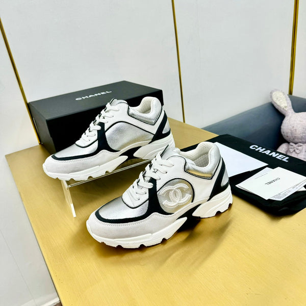 cc womens sneaker in silver wool tweed and white black suede calfskin 137610