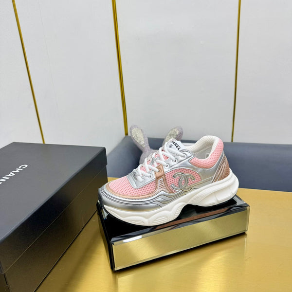 CC Logo Sneakers Sliver Pink Calfskin Mesh Fabric 927336