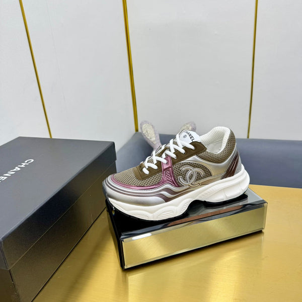 CC Logo Sneakers Sliver Taupe Calfskin Mesh Fabric 927335