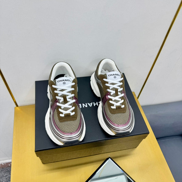 CC Logo Sneakers Sliver Taupe Calfskin Mesh Fabric 927335