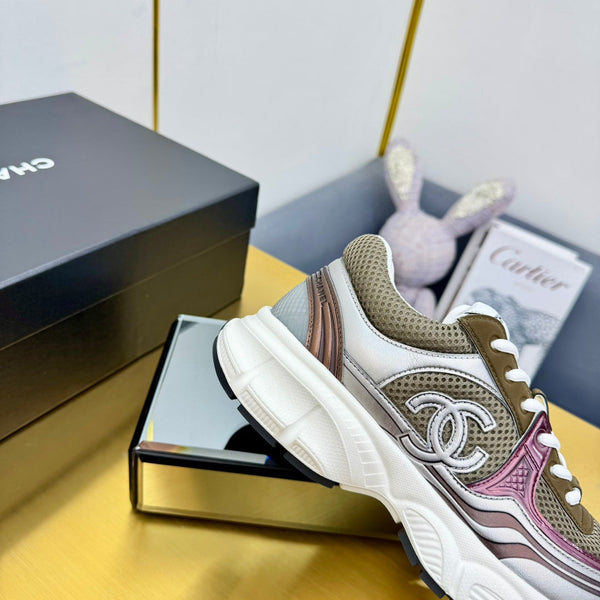 CC Logo Sneakers Sliver Taupe Calfskin Mesh Fabric 927335