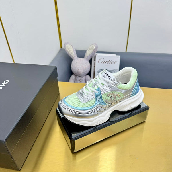 CC Logo Sneakers Sliver Green Calfskin Mesh Fabric 927339