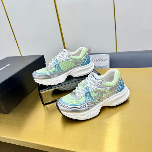 CC Logo Sneakers Sliver Green Calfskin Mesh Fabric 927339