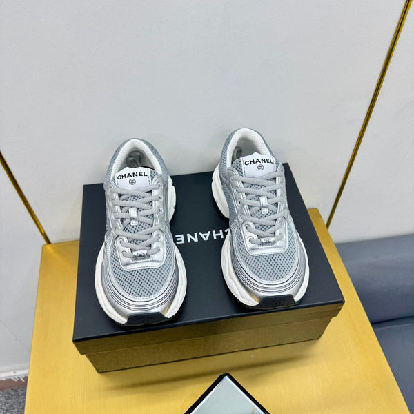 CC Logo Sneakers Sliver Calfskin Mesh Fabric 927339