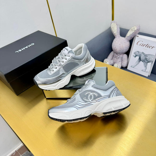 CC Logo Sneakers Sliver Calfskin Mesh Fabric 927339