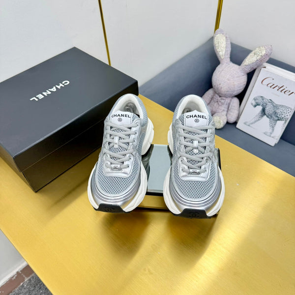 CC Logo Sneakers Sliver Calfskin Mesh Fabric 927339