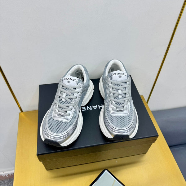 CC Logo Sneakers Sliver Calfskin Mesh Fabric 927339