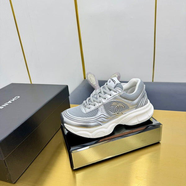 CC Logo Sneakers Sliver Calfskin Mesh Fabric 927339