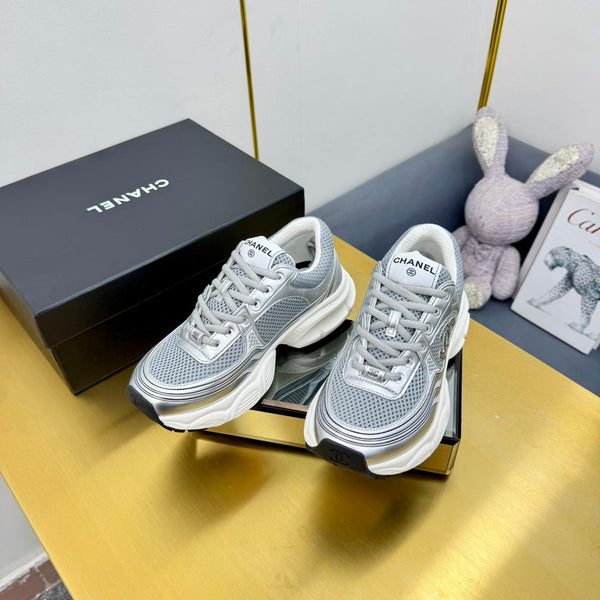 CC Logo Sneakers Sliver Calfskin Mesh Fabric 927339