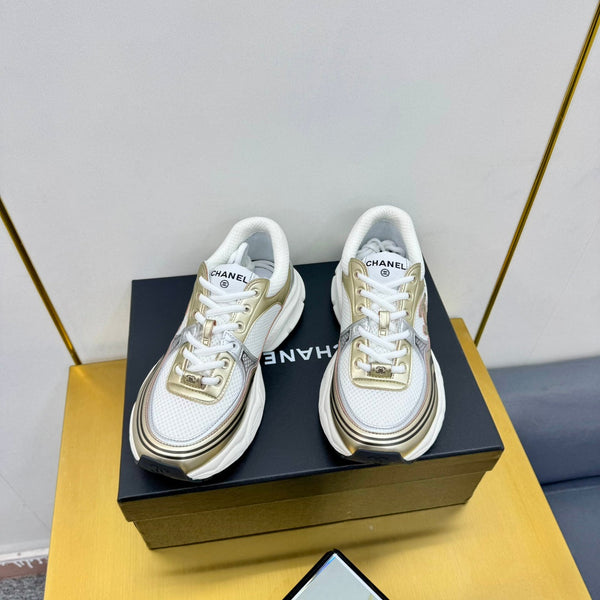 CC Logo Sneakers White Gold Calfskin Mesh Fabric 927341