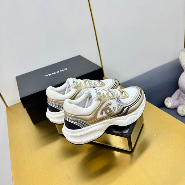 CC Logo Sneakers White Gold Calfskin Mesh Fabric 927341