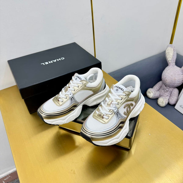 CC Logo Sneakers White Gold Calfskin Mesh Fabric 927341