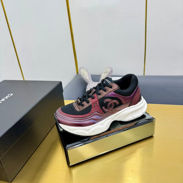 CC Logo Sneakers Black Burgundy Calfskin Mesh Fabric 927342