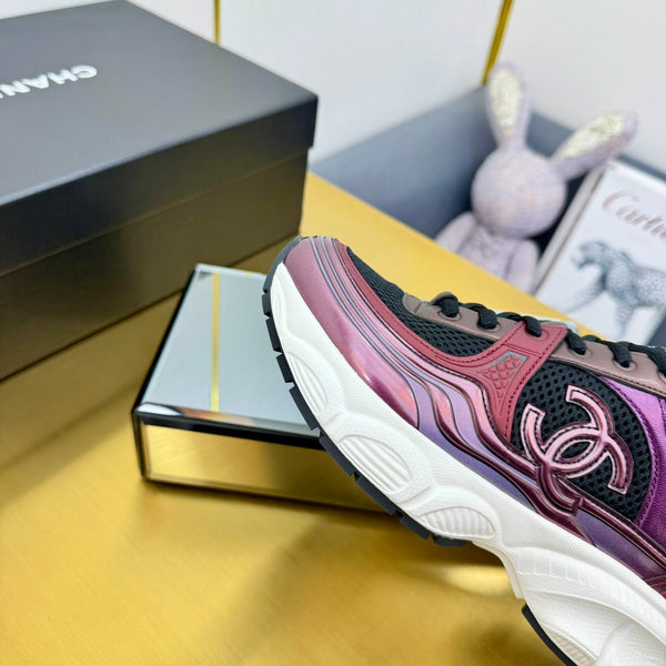 CC Logo Sneakers Black Burgundy Calfskin Mesh Fabric 927342