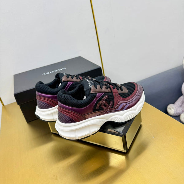 CC Logo Sneakers Black Burgundy Calfskin Mesh Fabric 927342