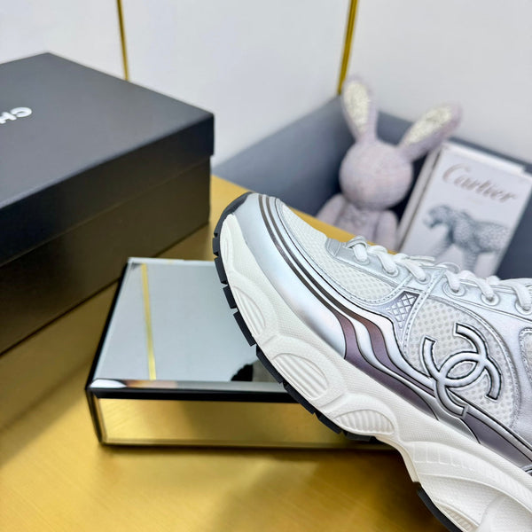CC Logo Sneakers Sliver Calfskin Mesh Fabric 927343