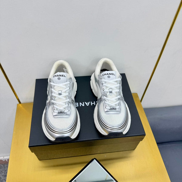 CC Logo Sneakers Sliver Calfskin Mesh Fabric 927343