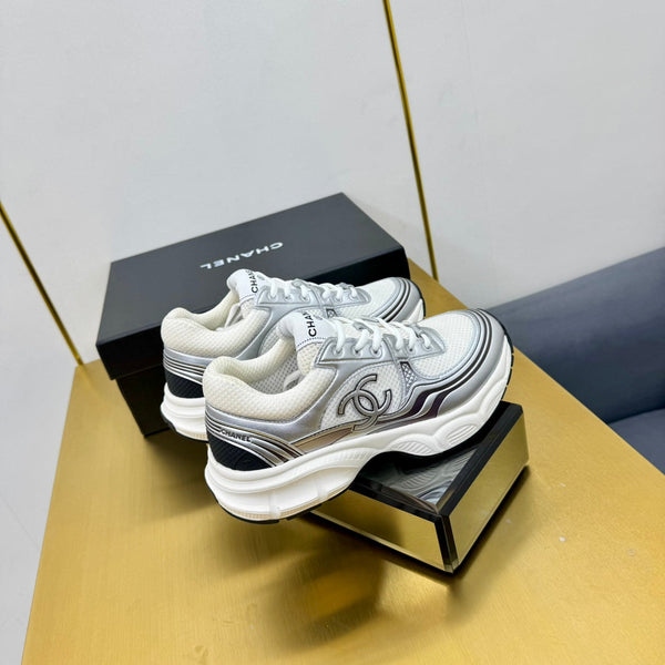CC Logo Sneakers Sliver Calfskin Mesh Fabric 927343