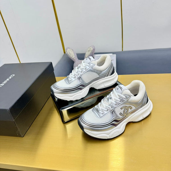 CC Logo Sneakers Sliver Calfskin Mesh Fabric 927343