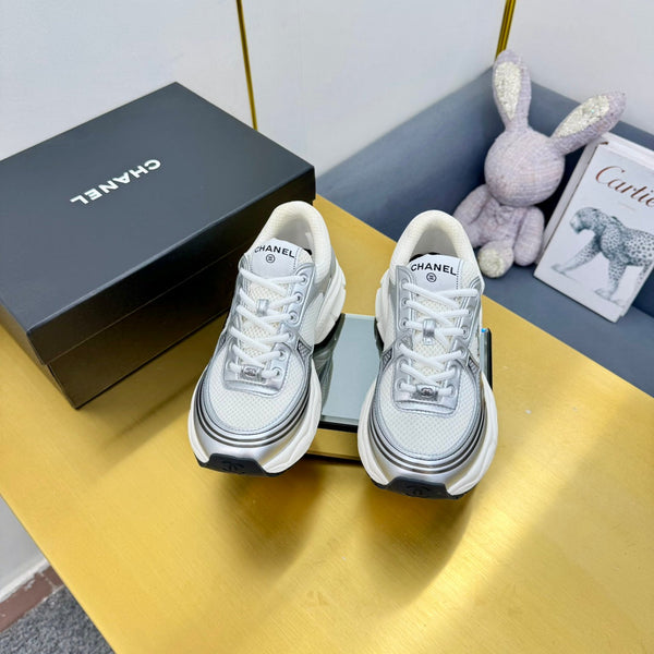 CC Logo Sneakers Sliver Calfskin Mesh Fabric 927343