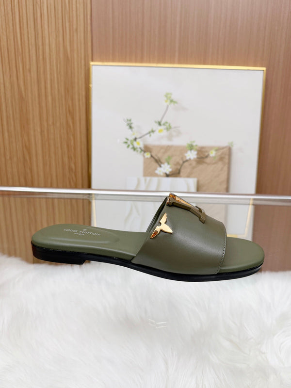 LV Mare Flat Mule Olive Green Sheepskin